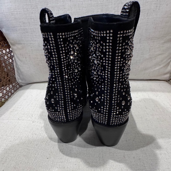 ISNOM Rhinestone Cowboy Boots Sparkly Ankle Boots with Pointed Toe and Chunky He - Picture 2 of 7